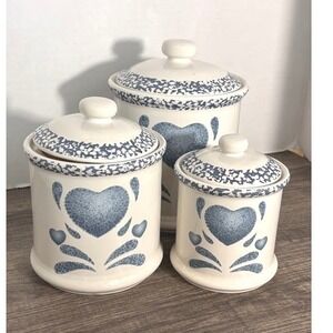 Jay Import Co Vintage Blue Heart Sponge Paint Ceramic Canister Set 3pc Farmhouse